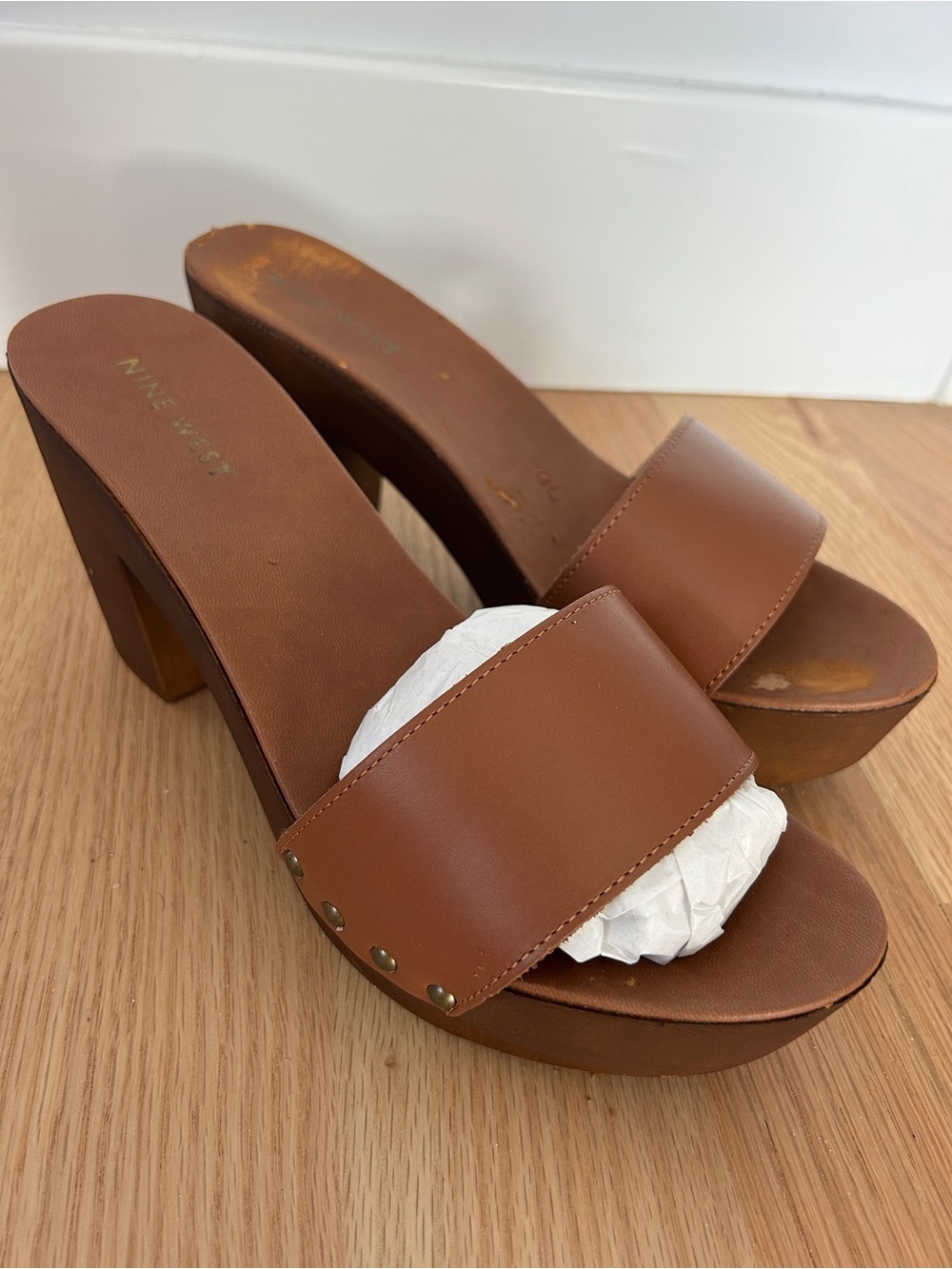 Nine West Tan Leather Platform Slide Sandals